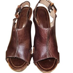 Frye Dara Slingback Dark Brown Leather Wooden Platform Block Heel Sandals 7M